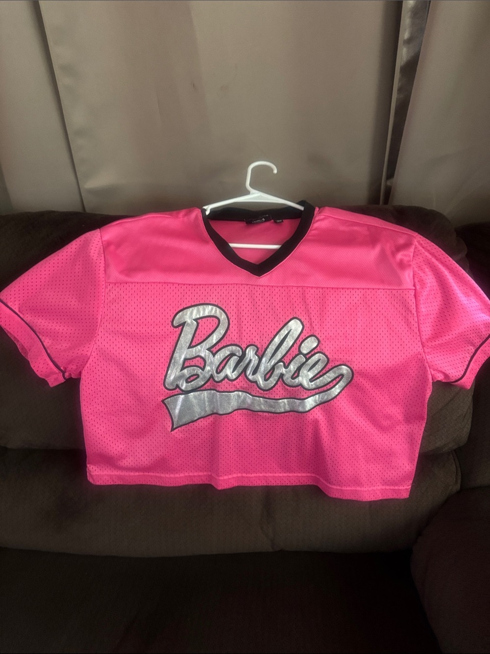 Barbie Bright Pink Mesh Crop Jersey with Silver Logo